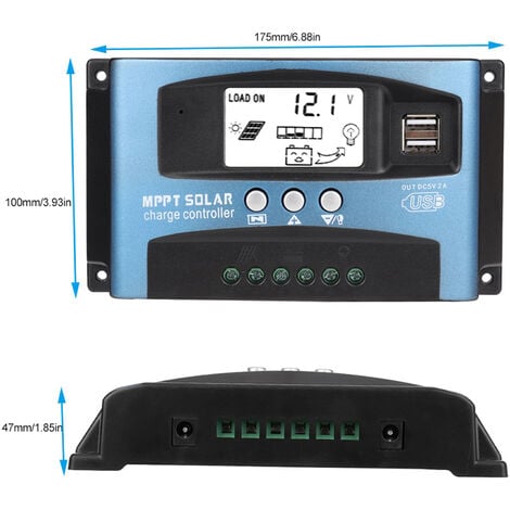 SJLERST Contrôleur de Charge Solaire MPPT 100A, Régulateur de Batterie Intelligent de Contrôleur de Regulateur Panneau Solaire USB 12V 24V avec écran LCD