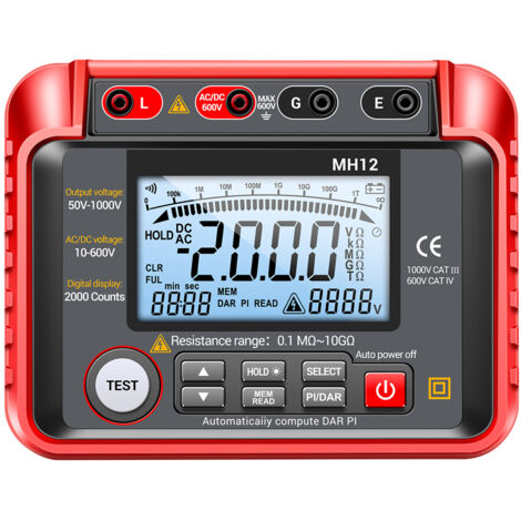 Sjlerst – Testeur d'isolation numérique MH12 1000V – Plage de mesure 0,1 MΩ à 20 GΩ – Affichage LCD 2000 points – Étanche IP54