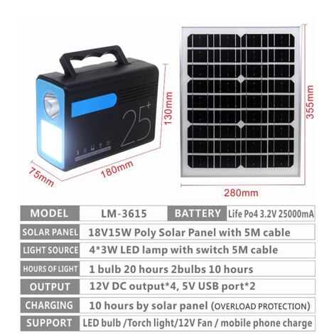 Jeffergarden Centrale électrique portable 12 V, générateur solaire, panneau solaire, alimentation mobile pour éclairage extérieur, chargement de téléphone portable, prise UE 100-240 V
