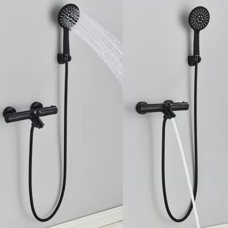 Noir Mitigeur de Baignoire thermostatique Cascade avec Douche à Main 3 Jets au Choix Robinet de Baignoire en Laiton avec Support Mural de Douchette pour Salle de Bains Zamery