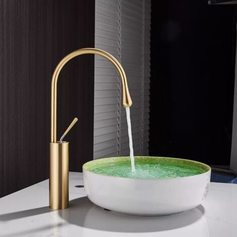 Robinet de Lavabo Cascade doré brossé, Robinet Salle de Bain avec Eau Froide & Chaude Disponible, Haut Cascade de Mitigeur Lavabo, doré
