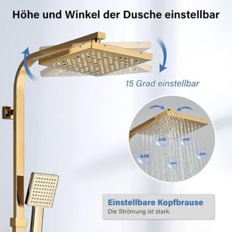 Colonne de douche dore réglable en hauteur,Système de douche en laiton 3 modes de douche ,Ensemble de Douche Mural avec Tête de douche 20x20cm(8 inch)