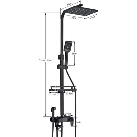 Colonne de Douche Thermostatique noir Système de Douche Pluie Montage Mural Ensemble de Douche,Set de Douche avec Mitigeur pour Salle de Bain avec 20cm 20cm Tête de Douche, étagère, Douchette à Mains
