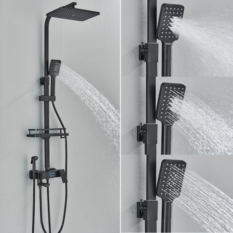 Colonne de Douche Thermostatique noir Système de Douche Pluie Montage Mural Ensemble de Douche,Set de Douche avec Mitigeur pour Salle de Bain avec 20cm 20cm Tête de Douche, étagère, Douchette à Mains