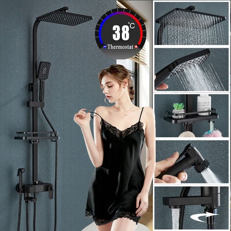 Colonne de Douche Thermostatique noir Système de Douche Pluie Montage Mural Ensemble de Douche,Set de Douche avec Mitigeur pour Salle de Bain avec 20cm 20cm Tête de Douche, étagère, Douchette à Mains
