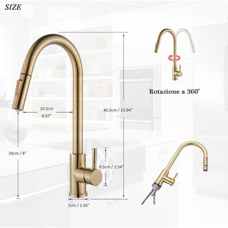 Robinet Cuisine doré Brossé avec 2 Modes Mitigeur Cuisine avec Douchette Extractible - Rotation à 360 Degrés,Monocommande Evier Froid et Chaleur Disponibles