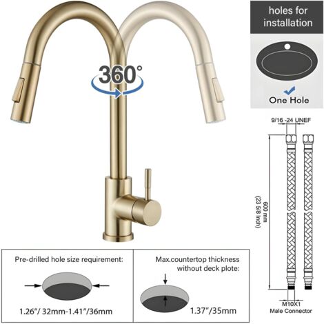 Robinet Cuisine doré Brossé avec 2 Modes Mitigeur Cuisine avec Douchette Extractible - Rotation à 360 Degrés,Monocommande Evier Froid et Chaleur Disponibles