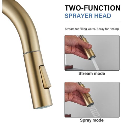Robinet Cuisine doré Brossé avec 2 Modes Mitigeur Cuisine avec Douchette Extractible - Rotation à 360 Degrés,Monocommande Evier Froid et Chaleur Disponibles