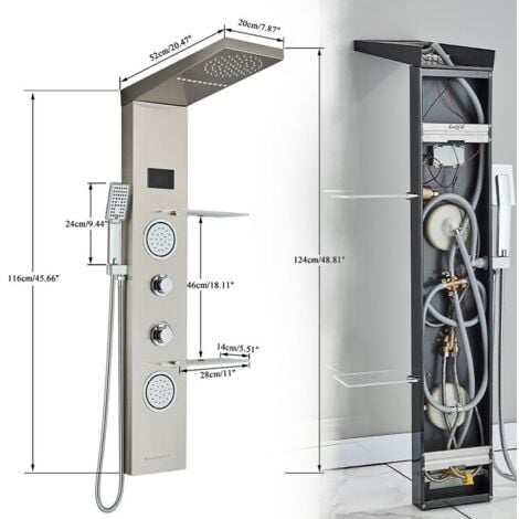 Colonne de Douche noir LED en Acier Inox avec 2 Grandes Buses Massants - Douche à Effet Pluie - Douchette à Main - Étagère pour Les Articles Écran Affichage LCD Kit de Douche pour Salle de Bain Zamery