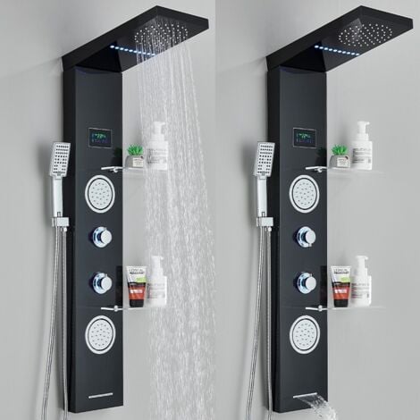 Colonne de Douche noir LED en Acier Inox avec 2 Grandes Buses Massants - Douche à Effet Pluie - Douchette à Main - Étagère pour Les Articles Écran Affichage LCD Kit de Douche pour Salle de Bain Zamery