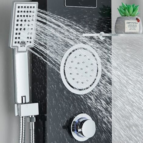 Colonne de Douche noir LED en Acier Inox avec 2 Grandes Buses Massants - Douche à Effet Pluie - Douchette à Main - Étagère pour Les Articles Écran Affichage LCD Kit de Douche pour Salle de Bain Zamery
