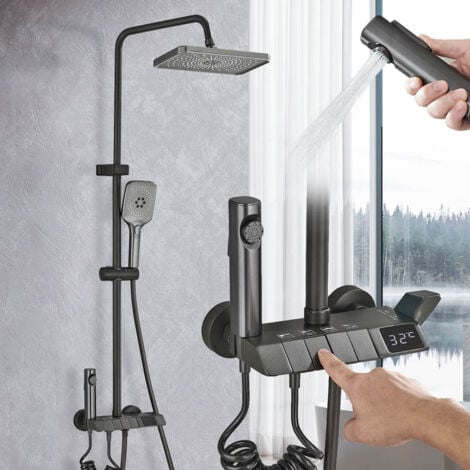 Colonne de Douche avec 4 Fonctions avec LCD Affichage Température d'Eau- Ensemble de Douche Montage Mural Système de Douche avec 29cm  19cm Tête de Douche, étagère,3 modes Douchette à Mains, Robinet d