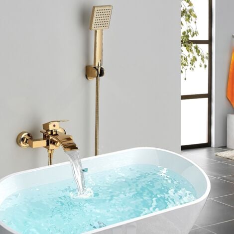 Mitigeur de Baignoire Mural Cascade dore en Laiton ,Robinet de baignoire avec Douche à Main Monté Mur pour Salle de Bains Zamery
