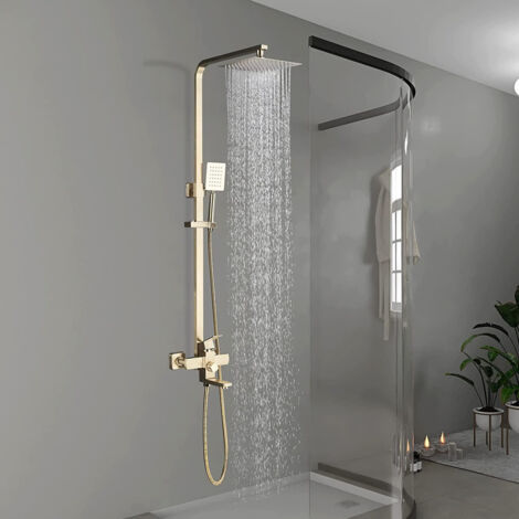 Zamery – Colonne de douche dorée brossée en laiton massif – Hauteur réglable 750-1100mm – Douchette à main et tête orientable – Installation facile