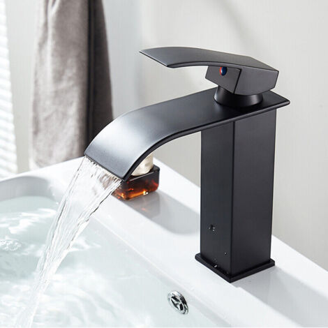 Zamery – Robinet lavabo cascade noir 190mm – Bec ultra-mince – Économie d'eau jusqu'à 30% – Laiton H59 – Installation facile avec flexibles inclus