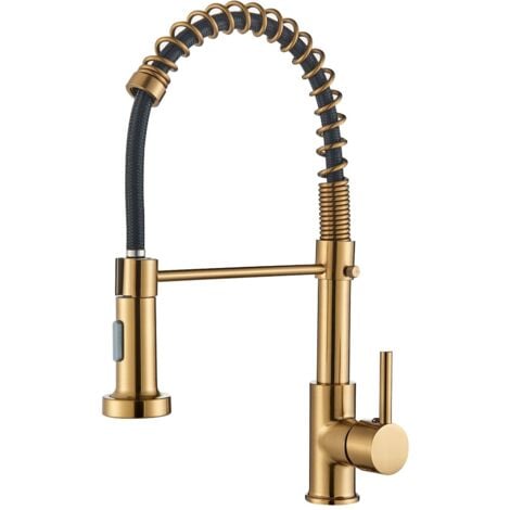 Robinet Cuisine doré Brossé, Mitigeur Cuisine Avec Douchette Extractible Pivotant à 360° d'Évier à Arc Élevé Pulvérisateur Escamotable 2 Modes Froid & Chaud Disponible, Acier Inoxydable