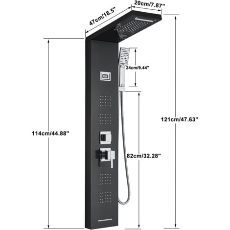 Led Colonne de Douche Hydromassage Noir Douche à Pluie Panneau Douche Système ​Douchette à Main Colonne Douche en LCD Affichage Température d'Eau