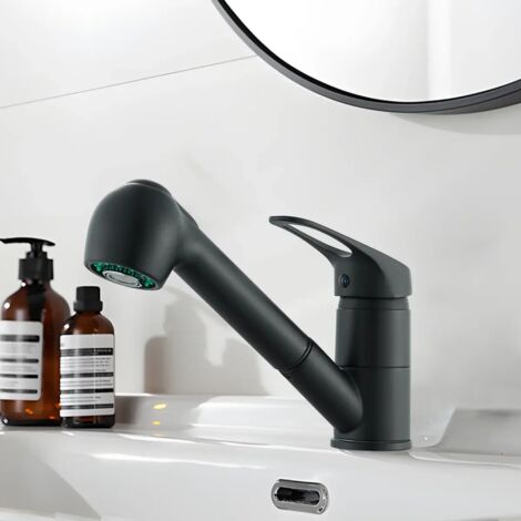 Zamery – Mitigeur de cuisine noir avec douchette extractible – 2 jets – Bec pivotant 360° – Raccord standard 3/8' – Pour lavage fruits et vaisselle