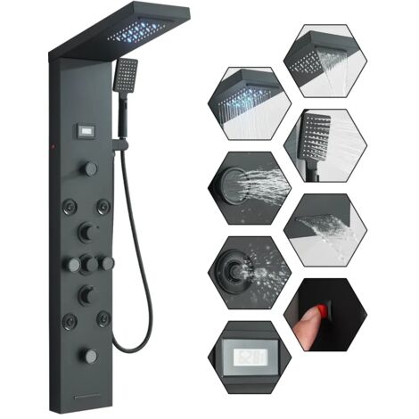 LED Colonne de douche Hydromassante Noir en Acier Inoxydable,Panneau de douche 6 fonctions avec 8 jets de massage,2 modes de jets de massage et Douche Cascade et Affichage LCD Ensemble de Douche Multi