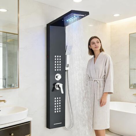 Colonne de douche Hydromassante noir avec Mitigeur ,LED Panneau de douche à 5 Fonctions:Douche de Cascade, Pluie,Jets de Massage, Douchette, Bec de Baignoire Mural
