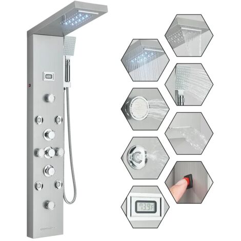 Colonne de douche Hydromassante LED en Acier Inoxydable avec 8 Hydromassante Buses Massants,2 modes de jets de massage et Douche Cascade et Affichage LCD Ensemble de Douche Multifonctionnel(Nickel Bro