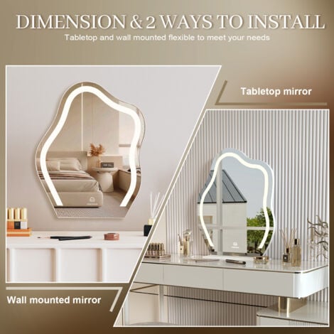Miroir de maquillage avec bande lumineuse LED miroir nuageux irrégulier, éclairage miroir de maquillage avec gradation 3 modes d'éclairage miroir de maquillage pour bureau ou mur pour dortoir de chamb