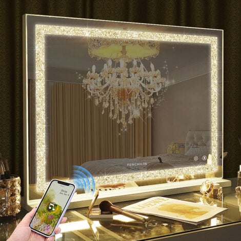 Miroir avec Lumière miroir avec Bluetooth peut ajuster 3 effets de lumière accrocher mur / Bureau double usage maquillage Miroir salle de bains miroir grande taille blanc 80cm X 58cm FENCHILIN