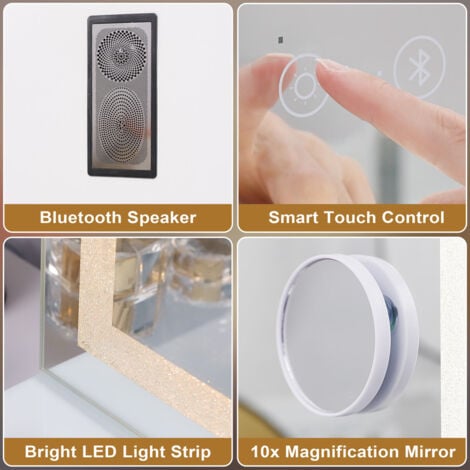 Miroir avec Lumière miroir avec Bluetooth peut ajuster 3 effets de lumière accrocher mur / Bureau double usage maquillage Miroir salle de bains miroir grande taille blanc 80cm X 58cm FENCHILIN