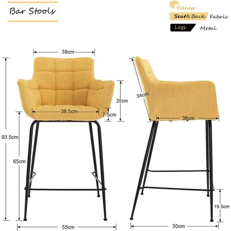 Tabouret de Bar en Tissu Lot de 2 Chaise de Bar avec Accoudoirs Chaise Haute Cuisine pour Bar et Cuisine, Wahson, Jaune