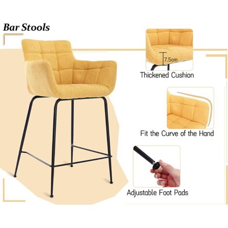 Tabouret de Bar en Tissu Lot de 2 Chaise de Bar avec Accoudoirs Chaise Haute Cuisine pour Bar et Cuisine, Wahson, Jaune
