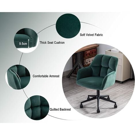 Chaise de Bureau à Roulettes Fauteuil Bureau Chaise Bureau Réglable en Hauteur à Domicile, Velours, Vert