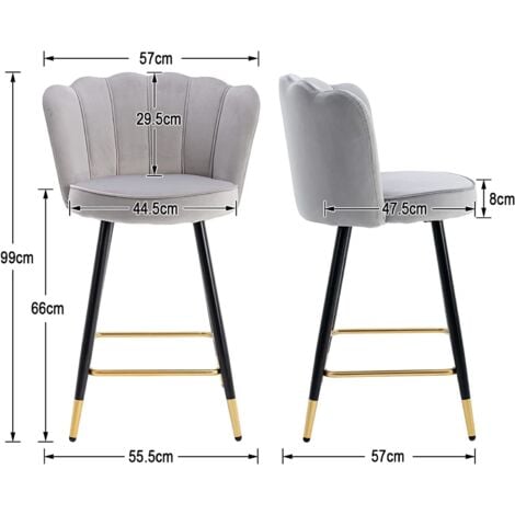 Lot de 2 Tabouret de Bar en Velours Chaise de Bar Velours avec Pieds en Métal Tabourets Hauts pour îlot de Cuisine et Bar, Gris