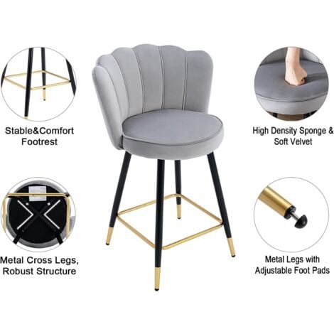 Lot de 2 Tabouret de Bar en Velours Chaise de Bar Velours avec Pieds en Métal Tabourets Hauts pour îlot de Cuisine et Bar, Gris