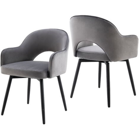 Chaise Salle à Manger Moderne avec Accoudoirs Lot de 2 Chaise de Cuisine Rembourés avec Pieds en Métal pour Salon, Velour, Gris