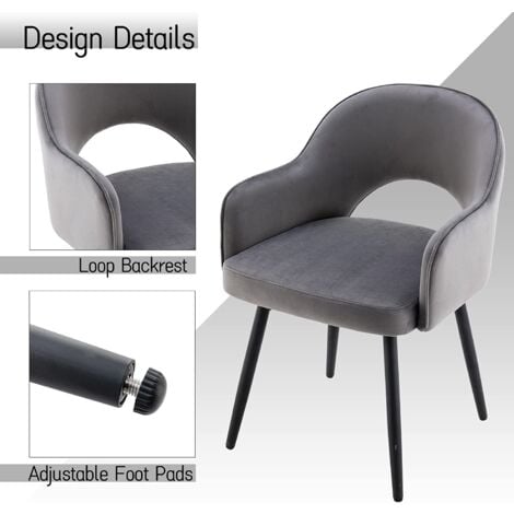 Chaise Salle à Manger Moderne avec Accoudoirs Lot de 2 Chaise de Cuisine Rembourés avec Pieds en Métal pour Salon, Velour, Gris