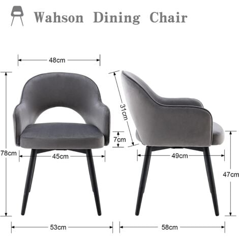 Chaise Salle à Manger Moderne avec Accoudoirs Lot de 2 Chaise de Cuisine Rembourés avec Pieds en Métal pour Salon, Velour, Gris