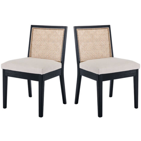 Wahson Office Chairs – Lot de 2 chaises rétro en bois massif et lin – Dossier en rotin naturel – Hauteur d'assise 50 cm – Pour salle à manger et cuisine