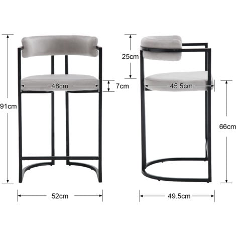 Tabouret de Bar Lot de 2 Tabourets Bar avec Accoudoirs et Dossier Chaise de Bar Pied en Métal pour Bar et Cuisine, Velours, Gris