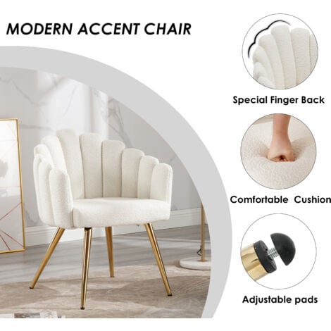 Fauteuil Salon Moderne Fauteuil avec Pied Doré Fauteul Salon Rembourré Fauteuil Coiffeuse pour Salon, Fausse Fourrure, Blanc