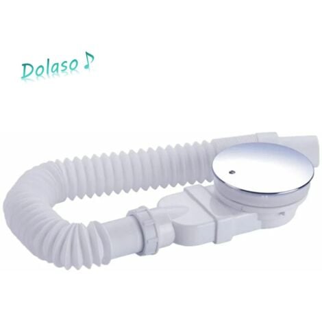Bonde de douche 90 mm, extra plat, trou de vidange pour bac de douche, siphon avec système anti-odeurs, tamis à cheveux,  couvercle chromé,blanc, (Avec tuyau) DOLASO