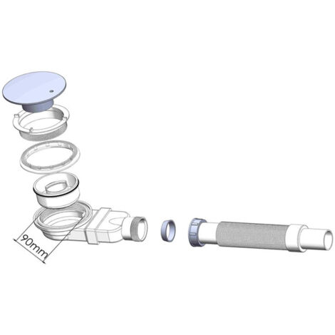 Bonde de douche 90 mm, extra plat, trou de vidange pour bac de douche, siphon avec système anti-odeurs, tamis à cheveux,  couvercle chromé,blanc, (Avec tuyau) DOLASO