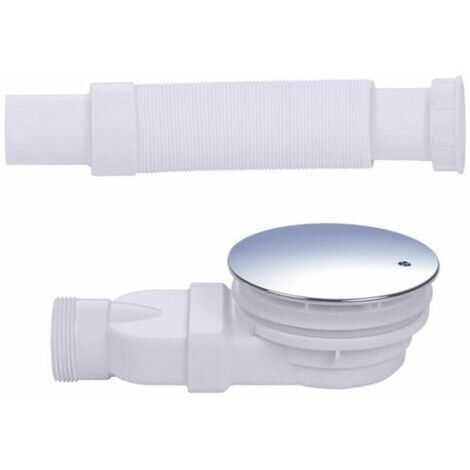 Bonde de douche 90 mm, extra plat, trou de vidange pour bac de douche, siphon avec système anti-odeurs, tamis à cheveux,  couvercle chromé,blanc, (Avec tuyau) DOLASO