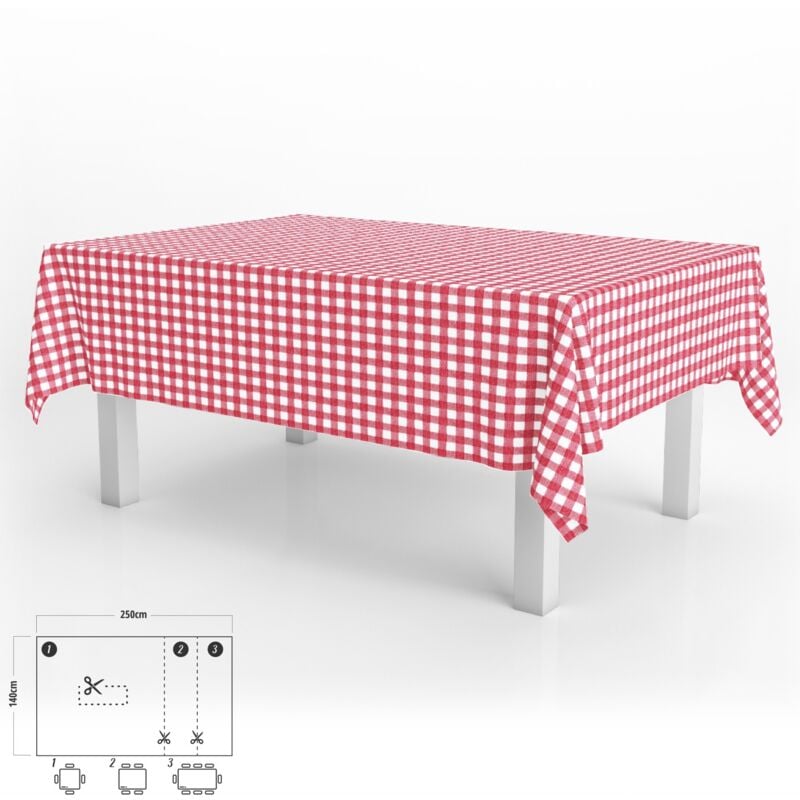 Mantel hule rectangular cuadros rojos impermeable antimanchas pvc 140x250 cm. recortable uso interior y exterior