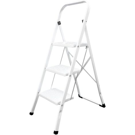 Relaxdays Escalera Plegable, 3 Peldaños, Escalerita, Estribo de Sujeción,  hasta 150 kg, Antideslizante, Acero, Blanca