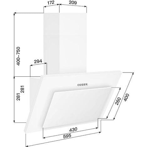 Topstrong Hotte Inclinee 60cm 350 m³/h 3 Vitesse Recyclage ou Evacuation Verre Blanc-TV4760W