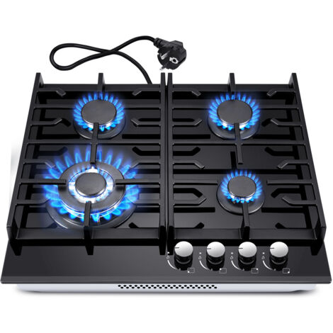 Plaque de cuisson gaz 4 feux 60 cm – Verre trempé noir – Brûleur wok 3400 W – Convertible gaz naturel et propane (1/5)