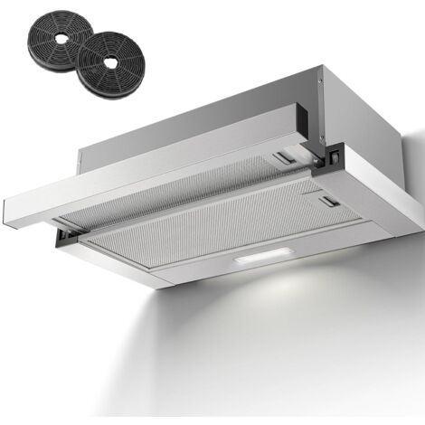 Hotte aspirante télescopique 60 cm – Débit d'air 620 m³/h – Éclairage LED – 2 vitesses – Surface en acier inoxydable – Filtres à charbon inclus