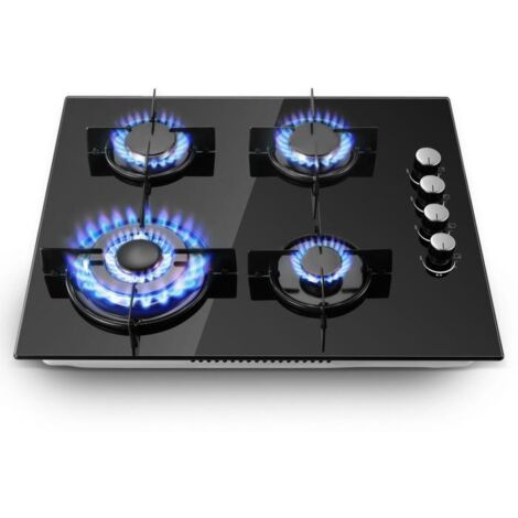 Plaque de cuisson gaz 4 feux – Puissance 8,0 kW – Verre trempé noir – Sécurité thermocouple – Installation encastrable (1/5)