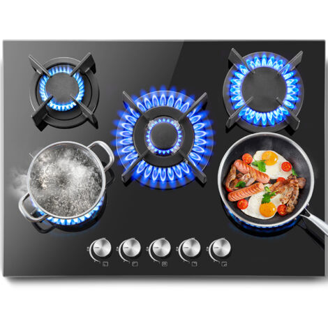 Plaque de cuisson gaz 5 feux 70 cm – Brûleurs haute performance – Puissance 10 400 W – Énergie gaz naturel et propane – Encastrable noire (1/5)