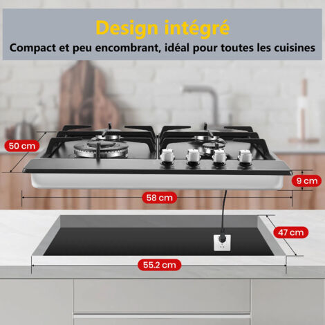 Plaque De Cuisson à Gaz 4 Feux Inox 58 Cm - Protection Flammes, Gaz Naturel, Pour Maison Et Restaurant